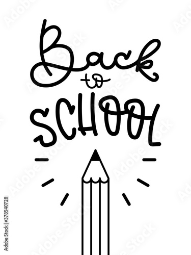 Back to school. Black hand lettering on white background. Pencil icon. Vector illustration, flat design