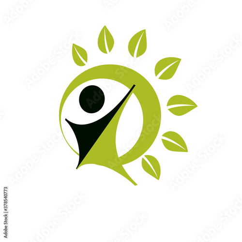 Vector illustration of happy abstract human with reaching up. Go green idea creative logo. Healthy lifestyle metaphor. Vegetarian theme icon.