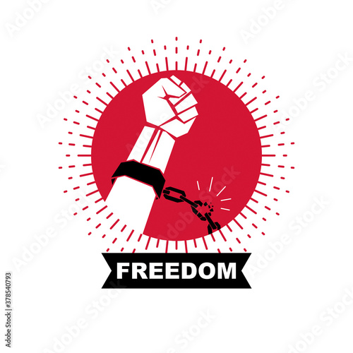 Slave red arm with clenched fist in shackles breaks the chain. No limits and restrictions conceptual emblem.