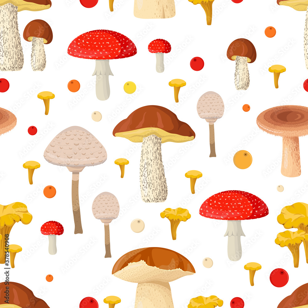 Seamless pattern with forest mushrooms and berries. Nature gifts ornament on white background. Seamless pattern with forest mushrooms and berries. Nature gifts ornament on white background.