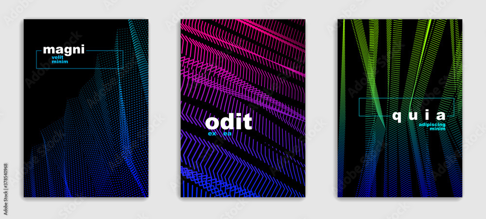 Art linear vector minimalistic trendy brochure designs set, cover templates, geometric halftone gradient. For Banners, Placards, Posters, Flyers. Perfect and unlike, pattern texture.