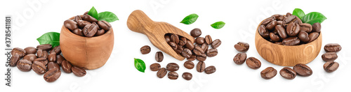 Heap of roasted coffee beans with leaves isolated on white background . Set or collection photo