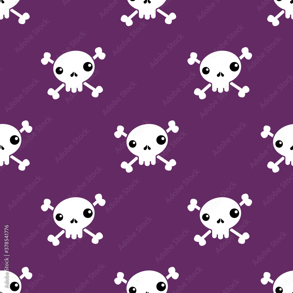 Cartoon white sculls with crossbones isolated on purple background. Vector seamless pattern. Halloween backdrop. Flat illustration for textile, wrapping paper, wallpaper, web design.