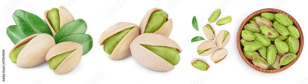 pistachio with leaves isolated on white background with clipping path and full depth of field. Set r collection pistachio with leaves isolated on white background with clipping path and full depth of field. Set r collection
