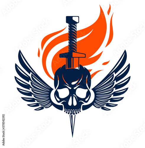 Skull killed by a dagger knife with wings and flames vintage vector emblem or logo isolated on white, vintage style coat of arms crest, gang sign criminality, classic style tattoo.
