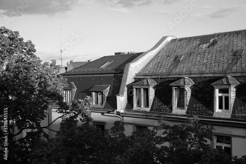 Alte Dächer mit Mansarden und Dachgauben im Sommer bei Sonnenschein in einer Allee an der Friedberger Lanbdstraße im Nordend in Frankfurt am Main in Hessen in klassischem Schwarzweiß photo