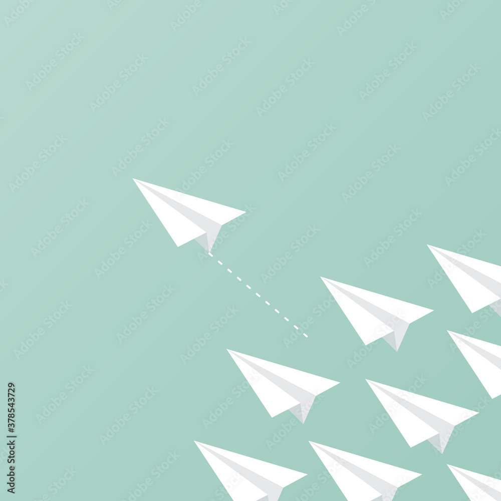 Fototapeta premium Group of paper planes flying. A paper plane ahead of other paper planes. Concept of leadership, innovation, change, disruption, risk, competition, mission. Vector illustration, flat design