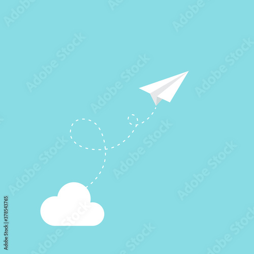 Paper plane flying and cloud. Vector illustration, flat design