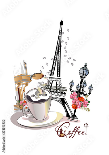 Design with the Eiffel tower, a cup of coffee and a café entrance. Lantern decorated with flowers. Hand drawn vector illustration.