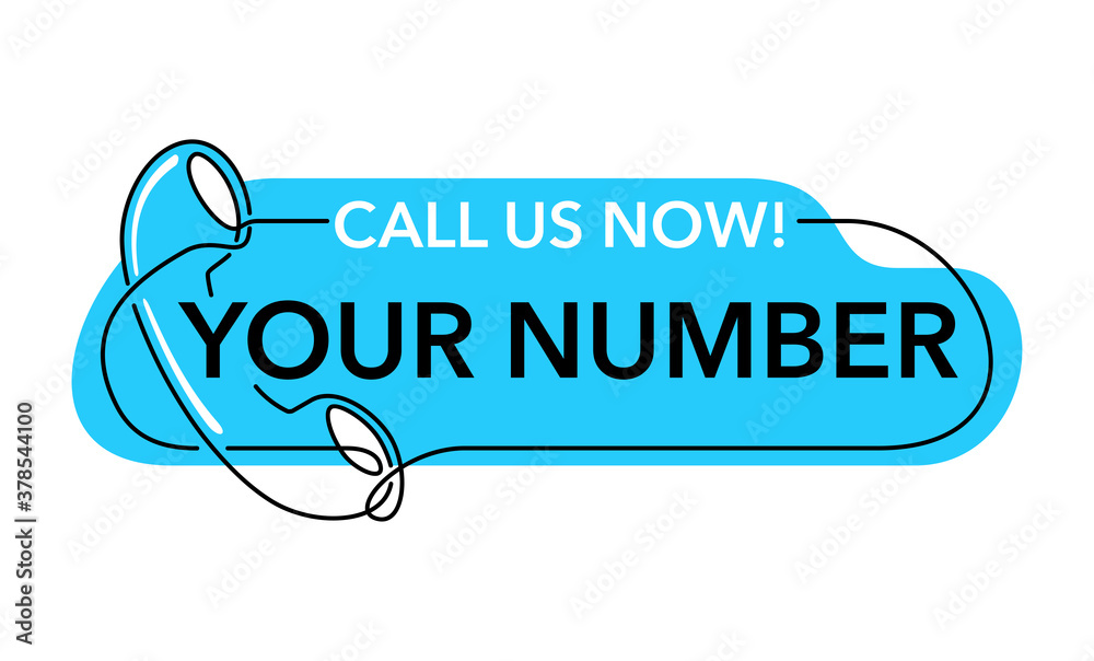 Fototapeta premium Call us now - phone number block in thin single line decoration - blue bubble shape frame with phone headset - vector template