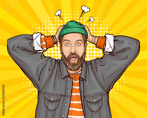 Pop art vector illustration of surprised, shocked or perplexed hipster man holding hands on head, wide opens his mouth, eyes. Amazed guy in jacket on yellow background. Unbelievable big sale concept.