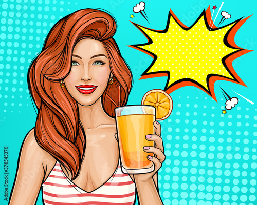 Sexy pop art girl with red hair holding a cocktail in her hand. Smiling pretty wonan isolated on blue background, speech bubble.