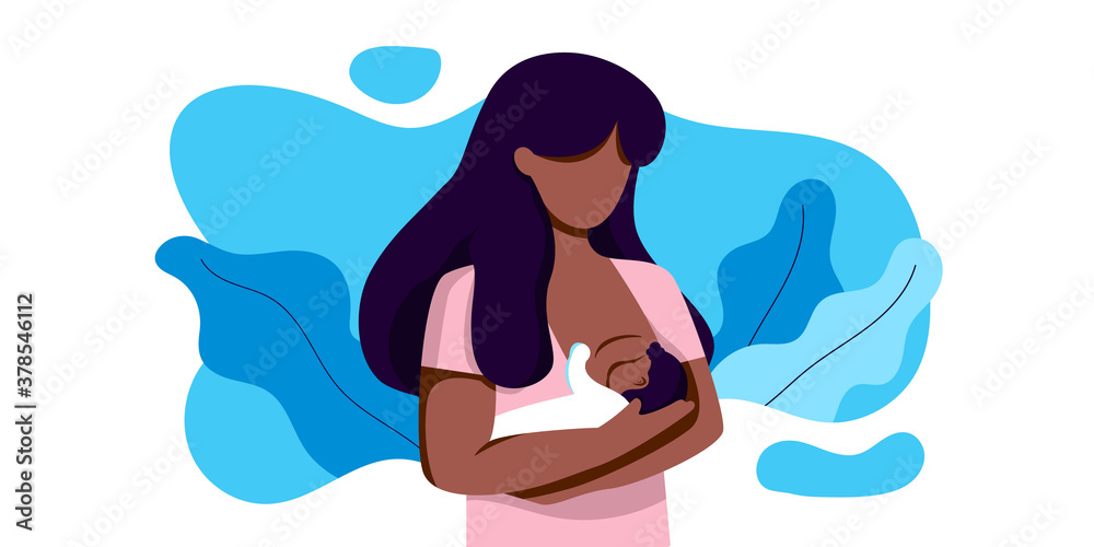 Afro woman breastfeeding her newborn baby holding in hands around floral leaves. Lactation. Breastfeeding week, happy mother day clip art. Child drinks milk from the female breast