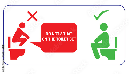 do not squat on the toilet and sitting on toilet banner sign, yes and no
