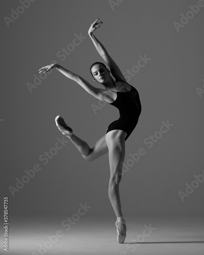 Valokuva Young beautiful ballet dancer is posing in studio