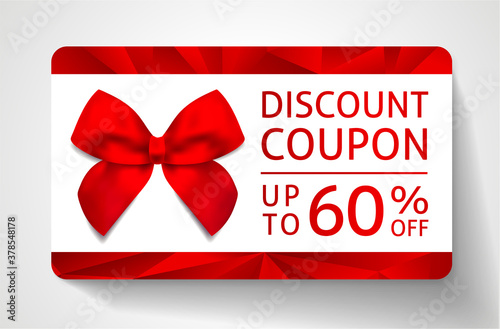 Discount coupon with abstract polygon background, geometric poly pattern (triangle shape texture), red bow and sale text: up to 60% off on white. Design template useful for season promotion, shopping 