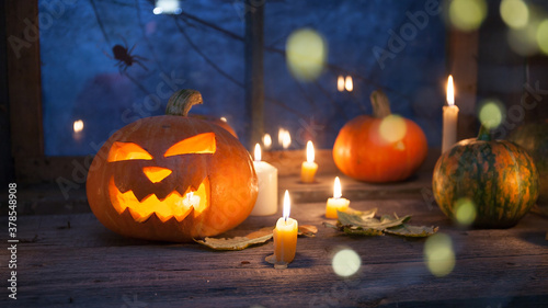 Halloween background, Jack-o ' - lantern pumpkins with blur in the foreground