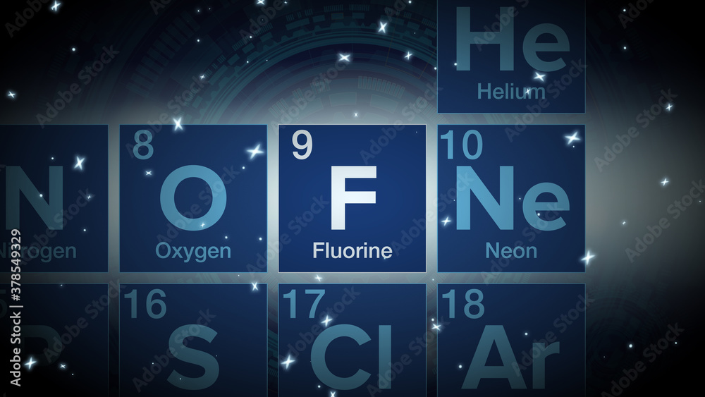 Close up of the Fluorine symbol in the periodic table, tech space environment. Close up of the Fluorine symbol in the periodic table, tech space environment.