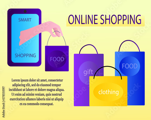 Online shopping. Easy order fulfillment in the online store. A hand from the phone issues shopping bags. Vector illustration on a yellow background.