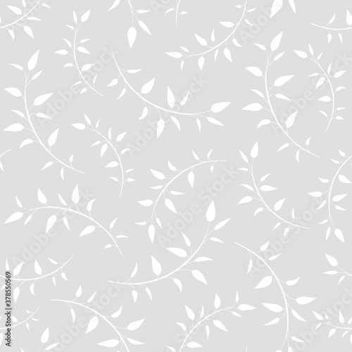 Seamless floral pattern. Repeating texture of white elegant sprigs, twigs or branches with leaves on silver grey background.