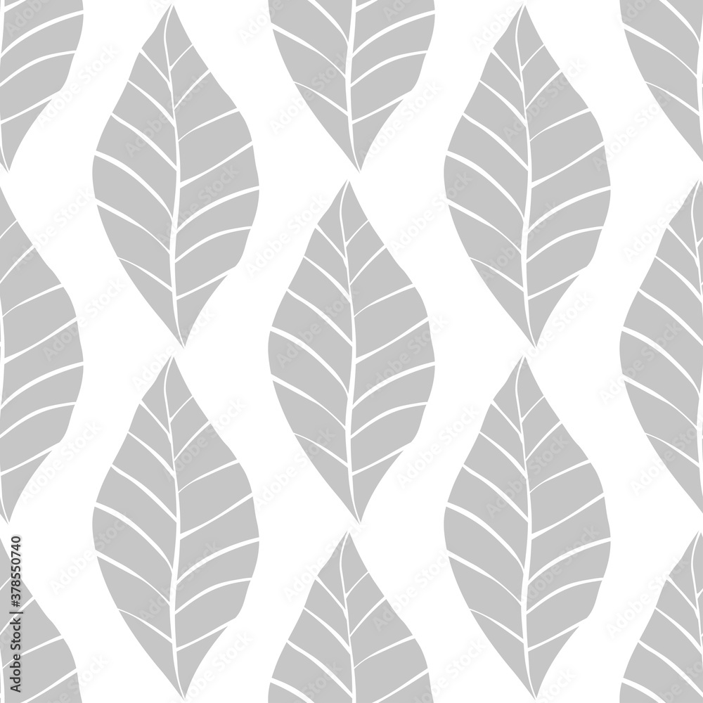 Seamless floral pattern with grey shabby hand drawn leaves on white background.
