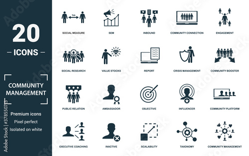 Community Management icon set. Monochrome sign collection with social measure, sem, inbound, community connection and over icons. Community Management elements set.