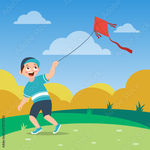 happy boy with green shirt and cap playing kite on the field, cartoon vector illustration