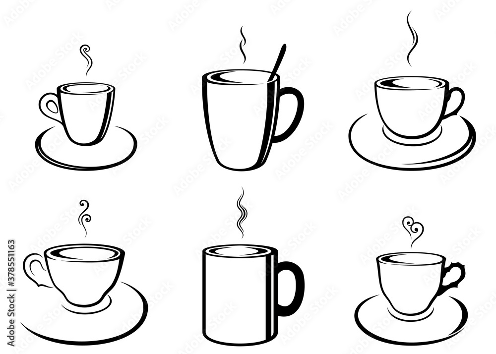 Obraz premium Vector set of various, abstract, outline coffee and tea cups in black color, isolated, on white background.