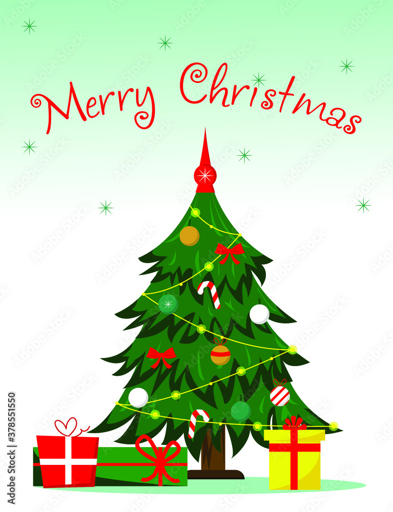 Vector illustration with Christmas-tree, gifts, New Year decoration and snowflakes for greeting card. Merry Christmas. Template for banner, poster. Vector illustration with Christmas-tree, gifts, New Year decoration and snowflakes for greeting card. Merry Christmas. Template for banner, poster.