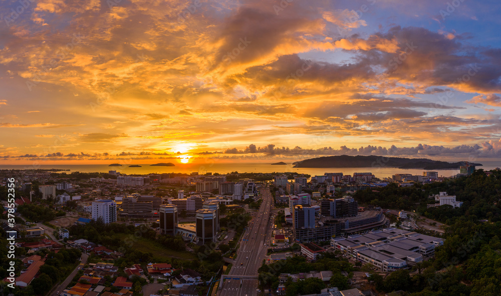 Aerial image of beautiful Kota Kinabalu City during twilight sunset on Sabah, Malaysia