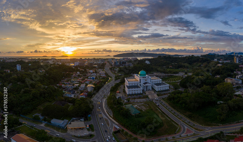 Aerial image of beautiful Kota Kinabalu City during twilight sunset on Sabah, Malaysia