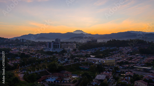 Aerial drone image of morning sunrise view in Kota Kinabalu City, Sabah, Malaysia
