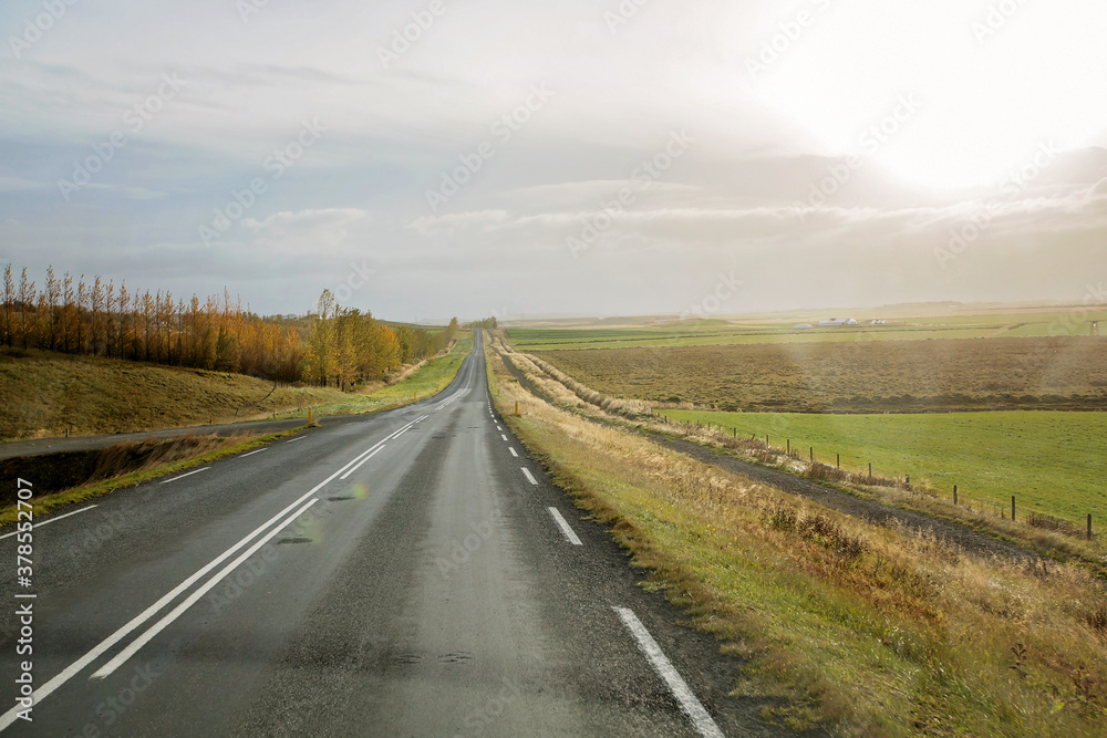 Scenic landscape view of Icelanding road and beatuiful areal view of the nature