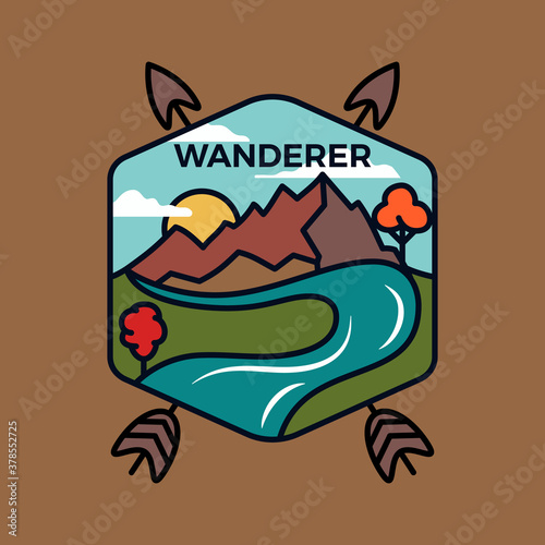 Vintage wanderer logo emblem template, adventure badge design with mountains, arrows and river. Unusual line art retro style sticker. Stock vector
