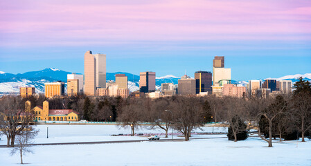 Denver Snowy Morning Panorama with City Park in foreground and Skyline and mountains in background