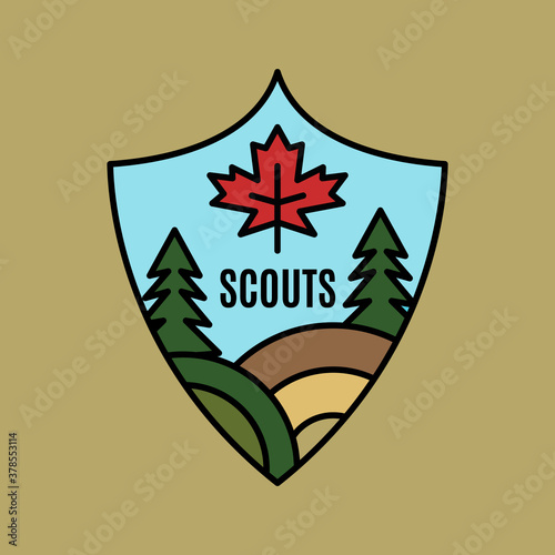Vintage scouts logo emblem template, adventure badge design with trees and maple leaf. Unusual line art retro style sticker. Stock vector