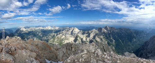 Triglav summit panorama view on surrounding mountain range of Triglav National Park in Slovenia