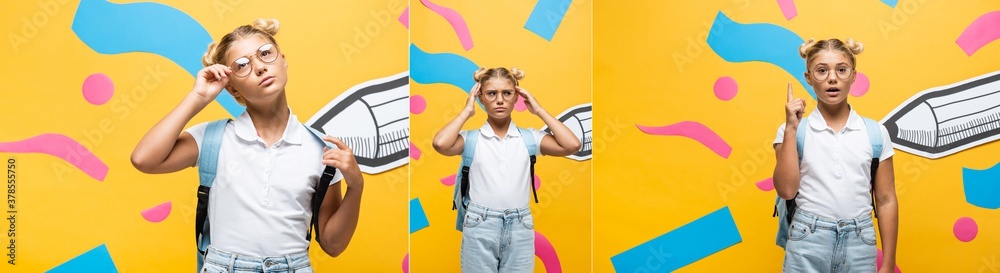collage of emotional schoolgirl in eyeglasses pointing with finger, touching eyeglasses and head near paper artwork elements on yellow collage of emotional schoolgirl in eyeglasses pointing with finger, touching eyeglasses and head near paper artwork elements on yellow