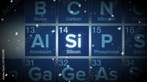 Close up of the Silicon symbol in the periodic table, tech space environment.