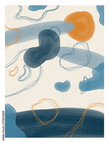 Watercolor illustration. Abstract design with doodles and various shapes. Modern art isolated vector graphic. Creative minimalist geometric frames hand painted for wall decoration, postcard, brochure