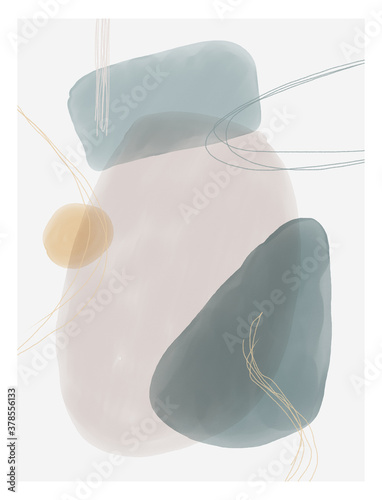 Watercolor illustration. Abstract design with doodles and various shapes. Modern art isolated vector graphic. Creative minimalist geometric frames hand painted for wall decoration, postcard, brochure