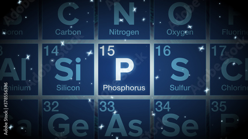 Close up of the Phosphorus symbol in the periodic table, tech space environment.