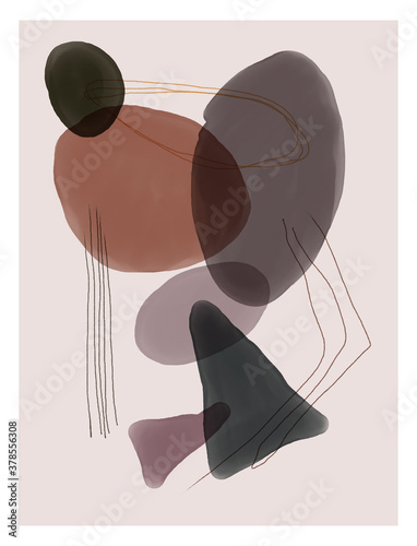 Abstract design with doodles and watercolor various shapes. Modern nordic art isolated graphic. Creative minimalist geometric frames hand painted for wall decoration, postcard, brochure design.