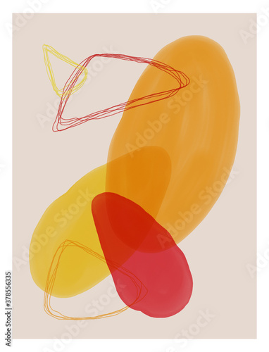 Abstract design with doodles and watercolor various shapes. Modern nordic art isolated graphic. Creative minimalist geometric frames hand painted for wall decoration, postcard, brochure design.