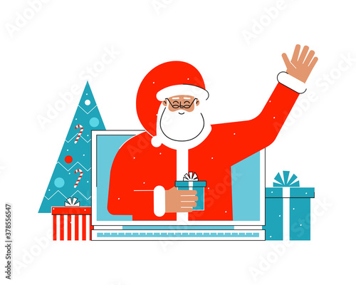 Vector concept with gift boxes, christmas tree. Cartoon character of happy Santa Claus. He talks with people using online streaming servises on his computer. Remote congratulation at winter holidays
