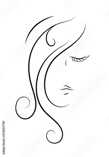 Beautiful abstract young woman face with closed eyes. Black isolated tattoo vector illustration on white background