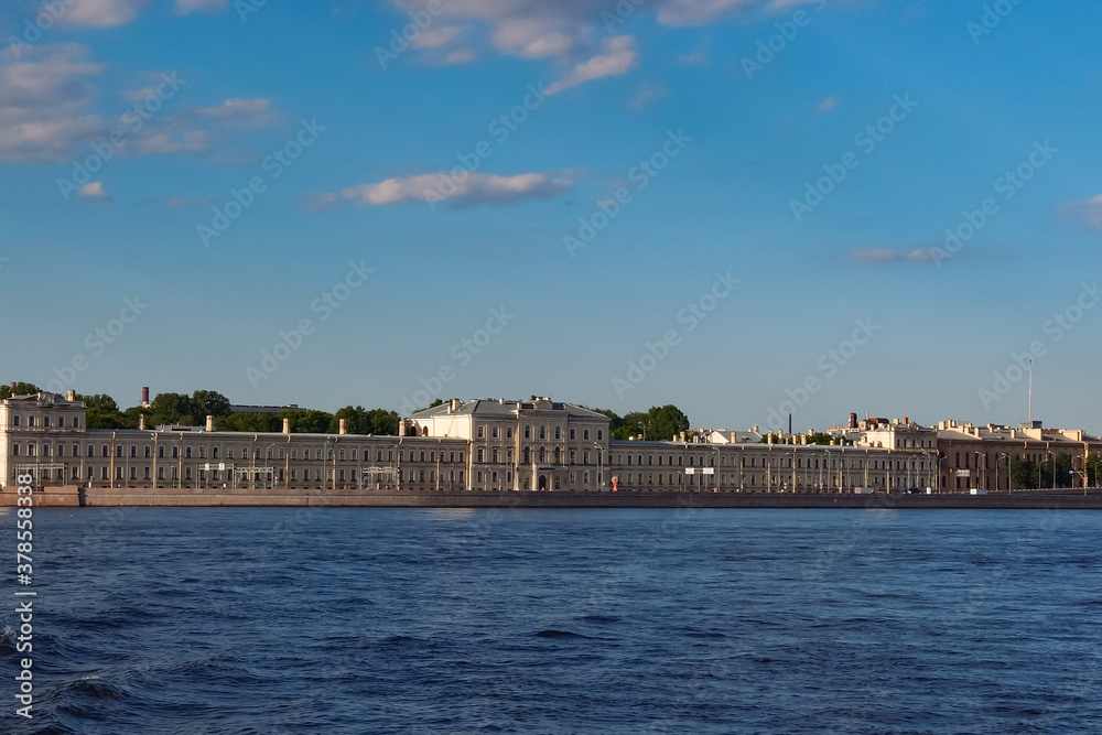 City of St Petersburg and blue sky with clouds viewing from a sightseeing cruise, St Petersburg, Russia. June 14, 2018.