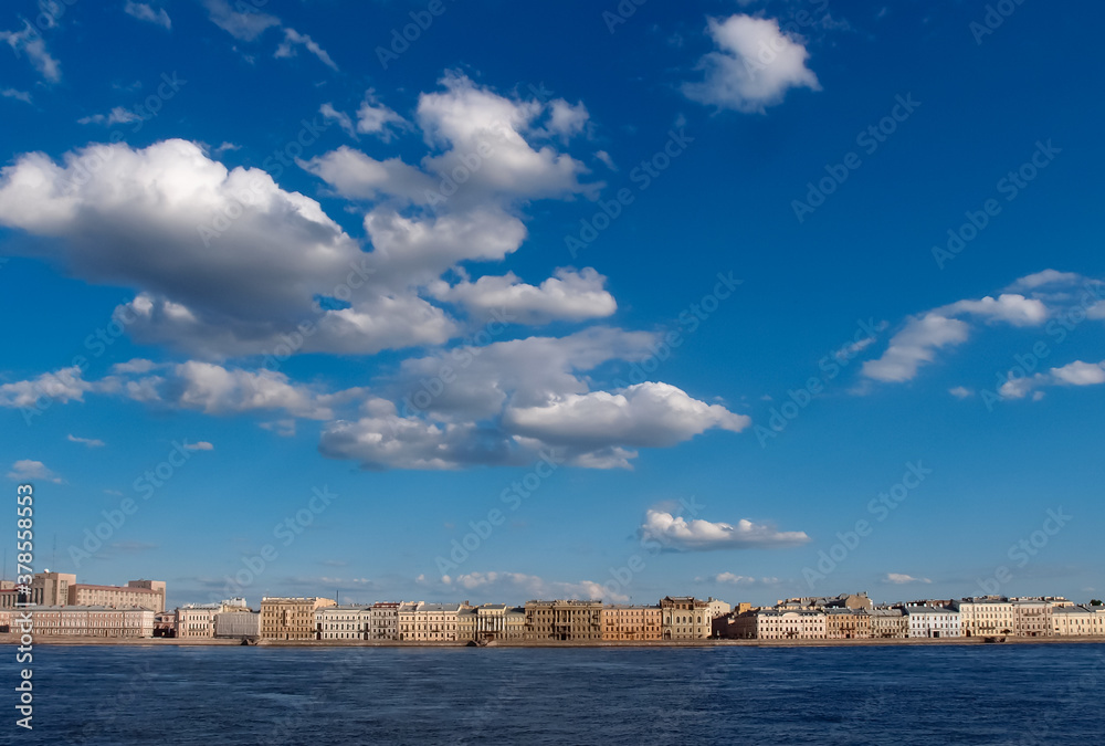 City of St Petersburg and blue sky with clouds viewing from a sightseeing cruise, St Petersburg, Russia. June 14, 2018.