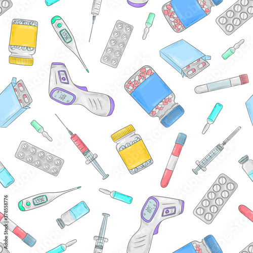 Covid-19 doodle pattern. Coronavirus protection and treatment. Medical equipment background. Thermometer, pills and drugs, suringe, blood test.