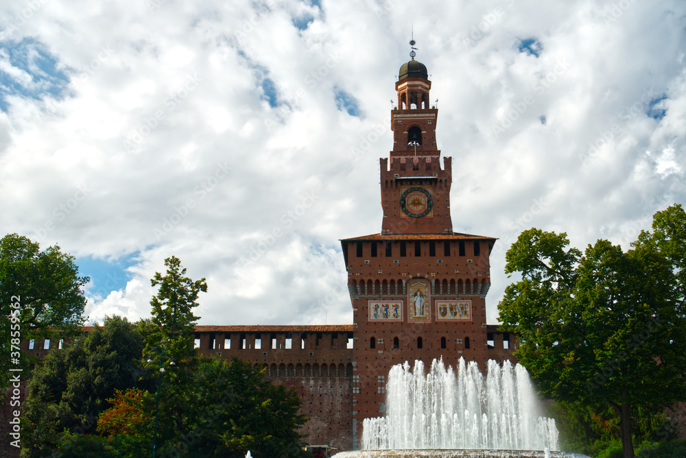 Milan Sforza Castle fort in Italy Lombardy including fountain